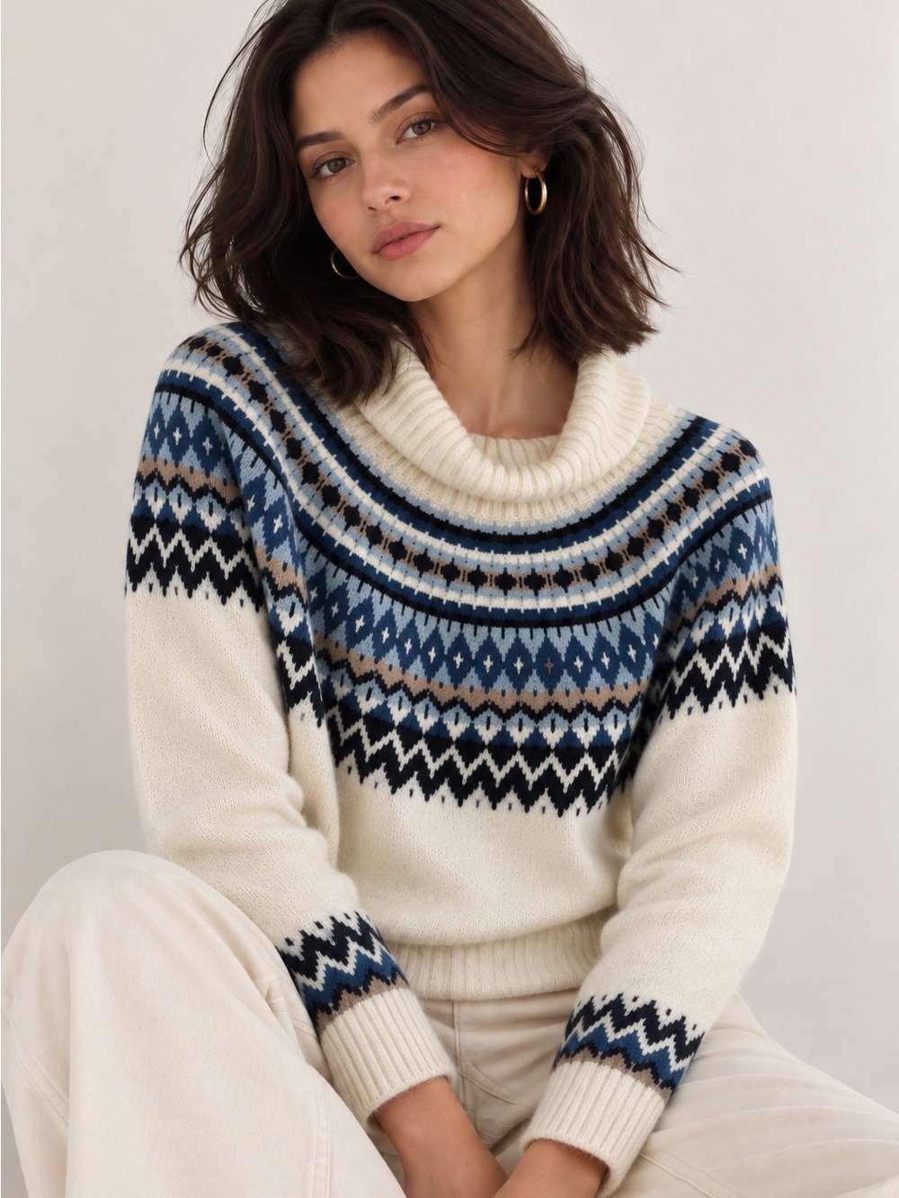 Northern Reflections Cream Fair Isle Turtleneck Sweater with Blue & Navy Accents